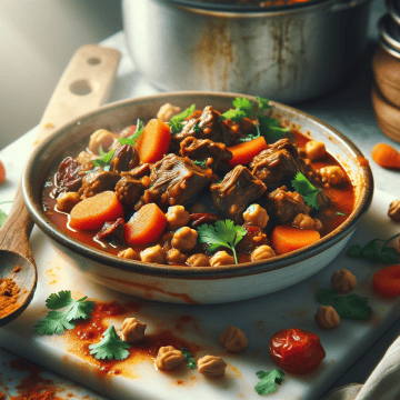 Arabian spiced camel stew, ready to serve in a serving bowl, garnished with cilantro, surrounded by used kitchen utensils and a rustic cutting board.