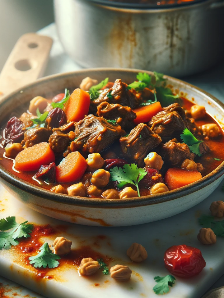 Arabian spiced camel stew, ready to serve in a serving bowl, garnished with cilantro, surrounded by used kitchen utensils and a rustic cutting board.