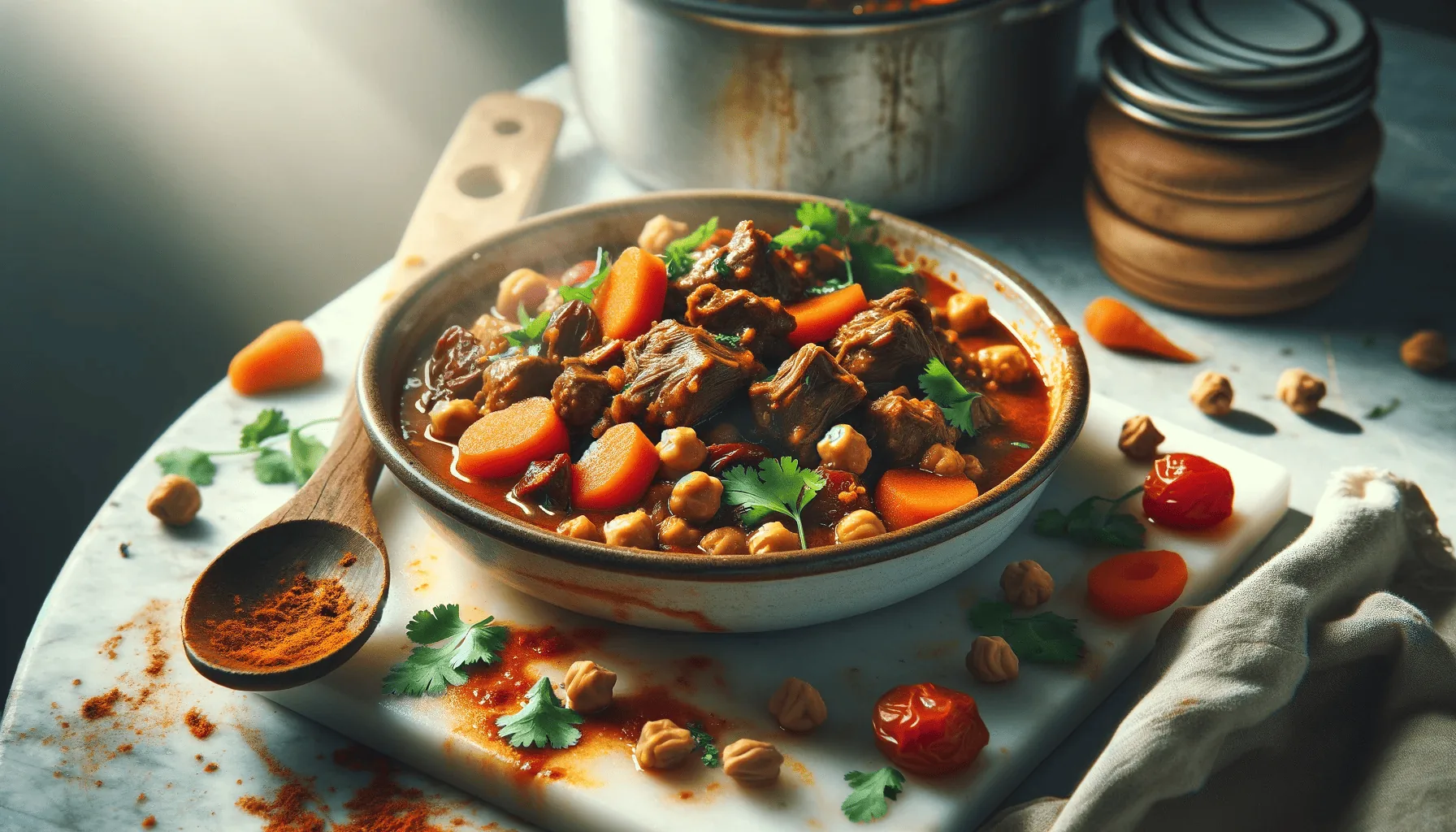 Arabian spiced camel stew, ready to serve in a serving bowl, garnished with cilantro, surrounded by used kitchen utensils and a rustic cutting board.