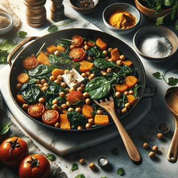 Finished meal in a skillet with garnishes on a marble countertop, bathed in natural light