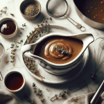 Finished turkey gravy in a boat with herbs and cooking utensils on a marble surface