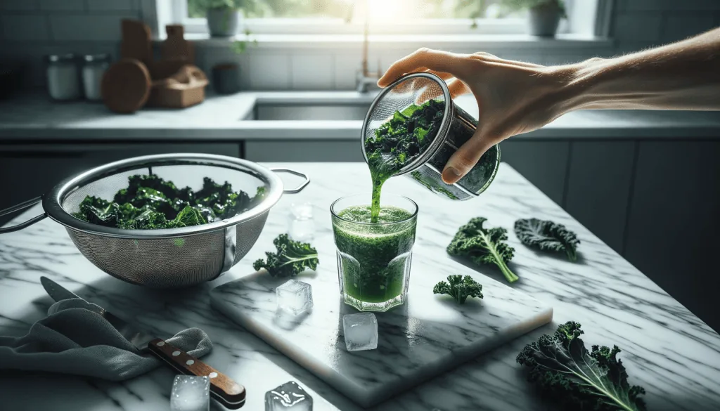 A person pours a vibrant green, leafy juice into a glass with ice cubes, indicating the final step in serving a kale tonic. A bowl of kale, a strainer, and other kitchen utensils are arranged on a marble countertop, bathed in natural light from a nearby window.