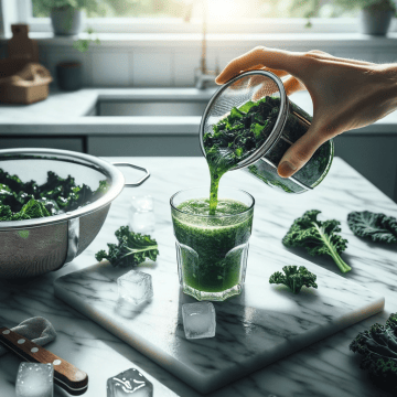 A person pours a vibrant green, leafy juice into a glass with ice cubes, indicating the final step in serving a fresh vegetable or kale tonic. A bowl of kale, a strainer, and other kitchen utensils are arranged on a marble countertop, bathed in natural light from a nearby window.