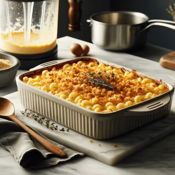 Freshly baked butternut squash mac and cheese with a crispy topping on a marble countertop