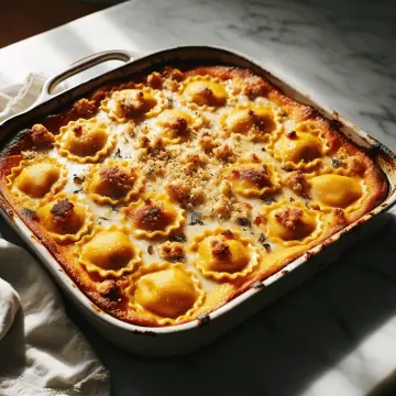 Golden-topped ravioli bake on a marble countertop, indicating a freshly cooked meal