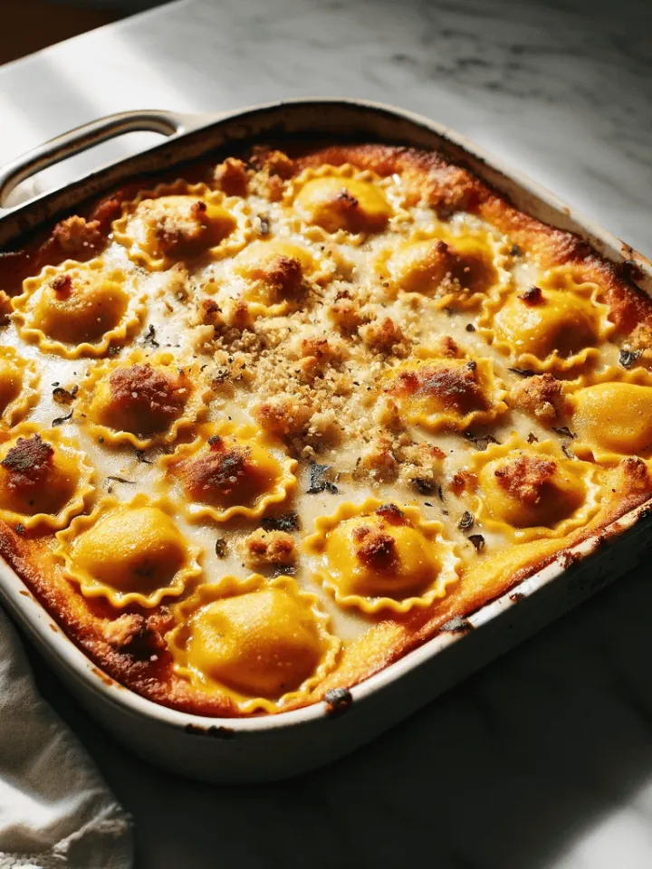 Golden-topped ravioli bake on a marble countertop, indicating a freshly cooked meal