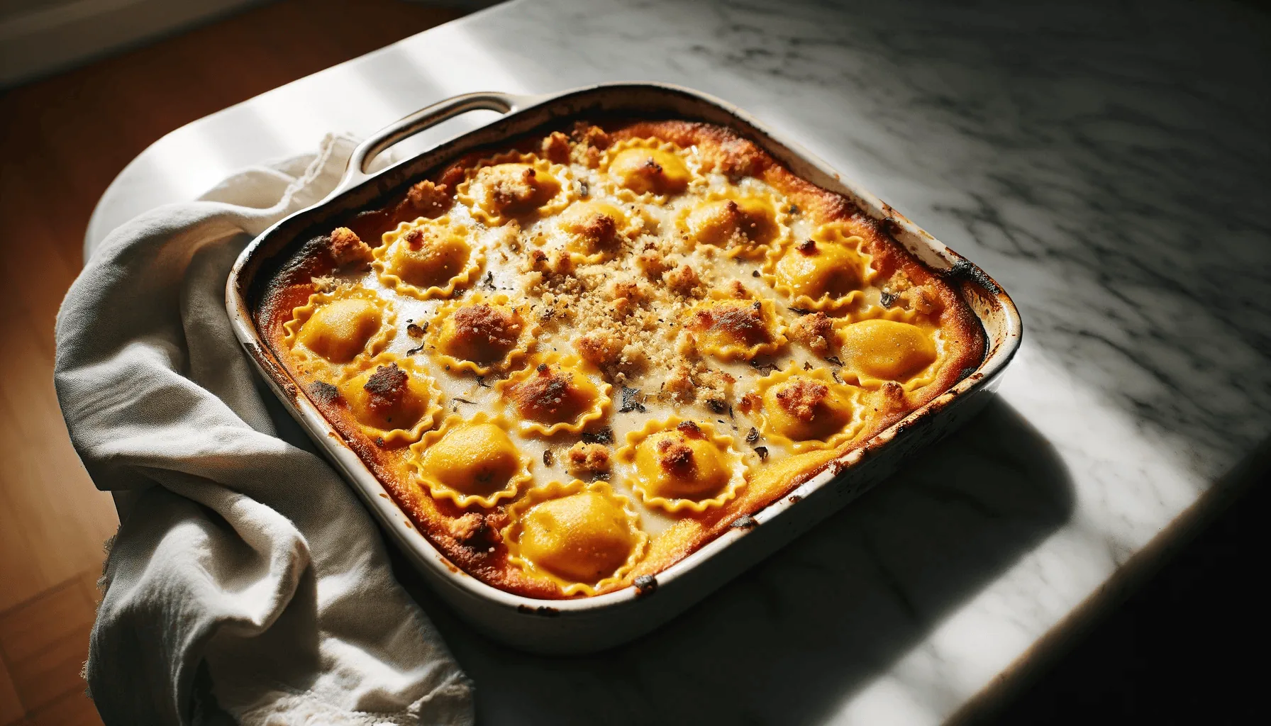 Golden-topped ravioli bake on a marble countertop, indicating a freshly cooked meal