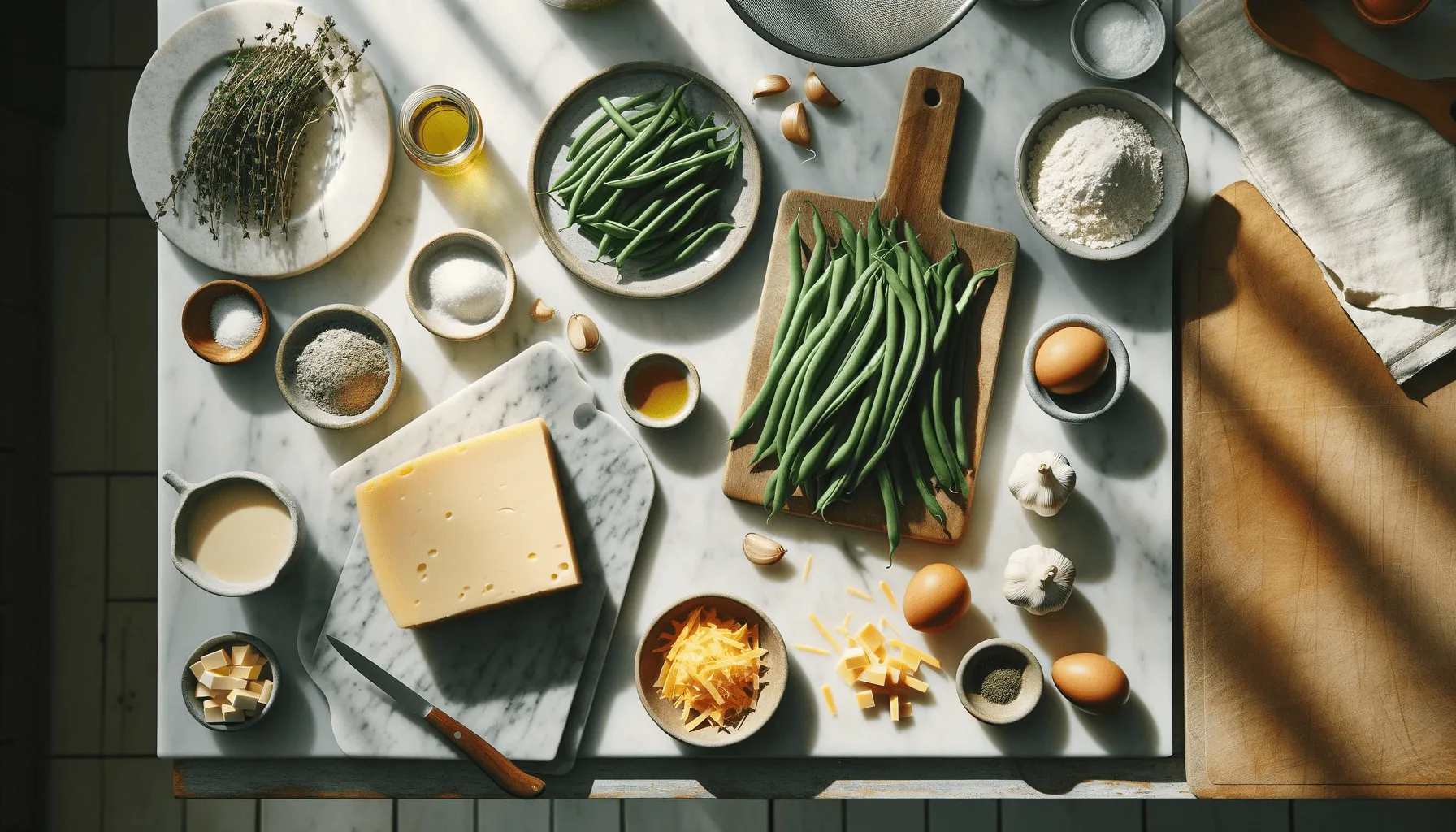 Ingredients for a green bean casserole recipe neatly laid out on a white marble countertop with wooden utensils and cutting boards