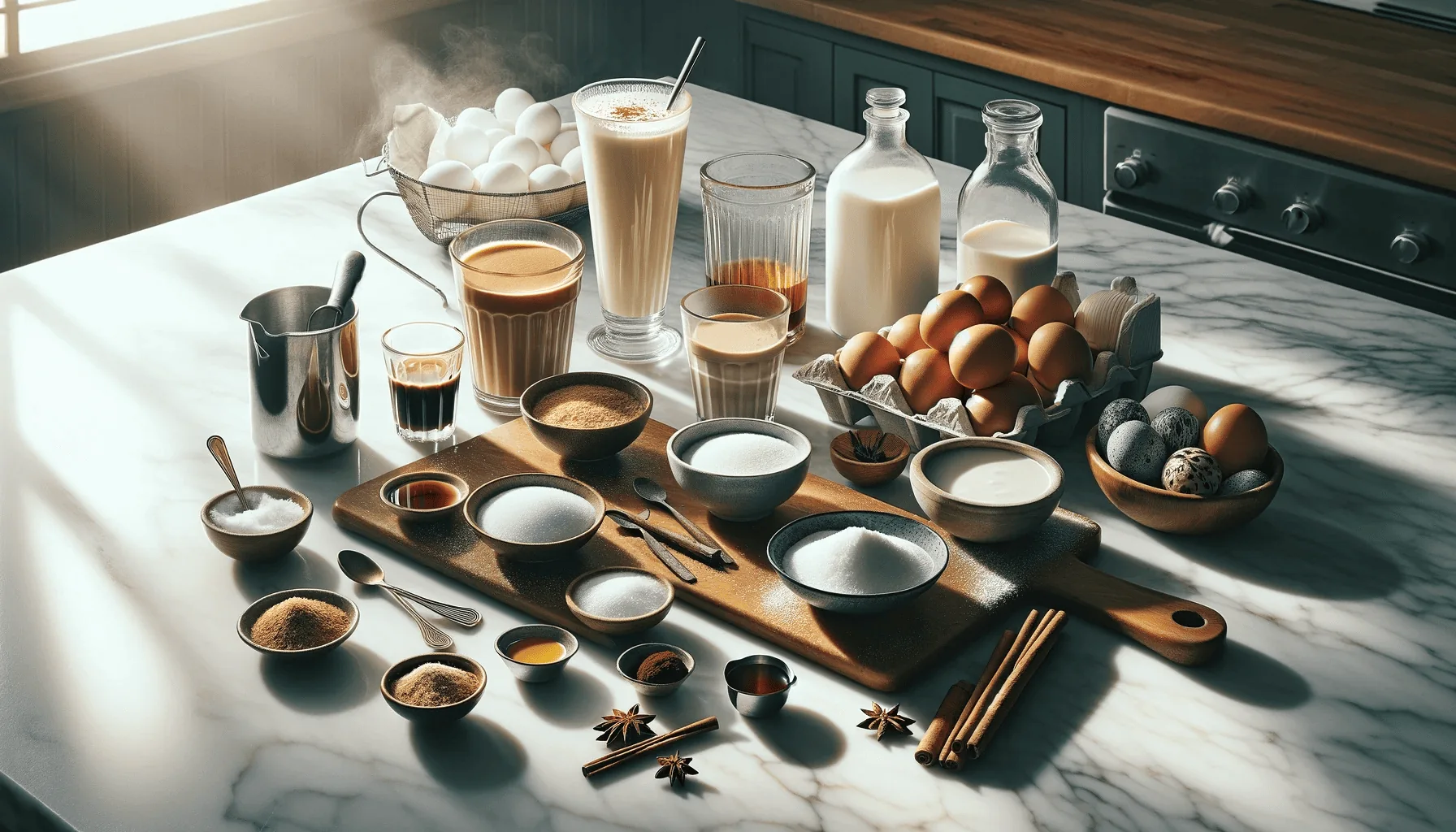 Ingredients for eggnog latte on a white marble countertop with wooden kitchenware