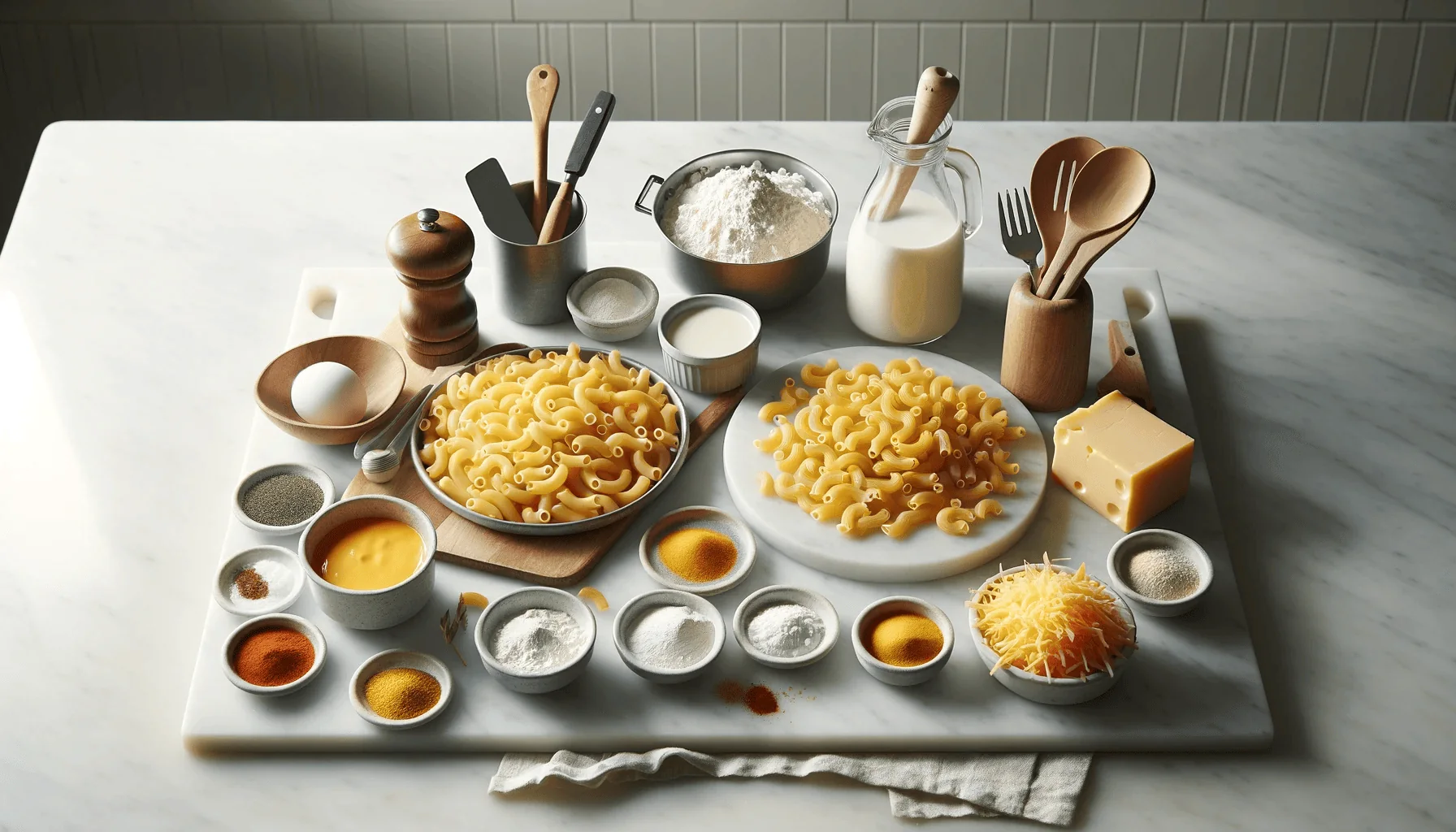 Ingredients for mac and cheese arranged on a marble countertop with wooden utensils