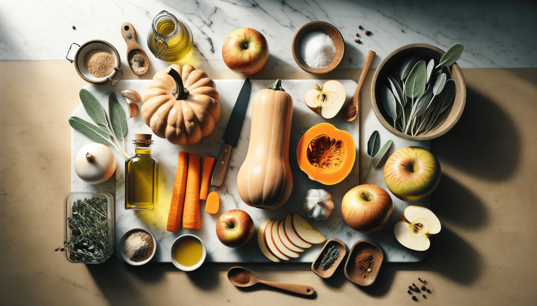 Ingredients for soup laid out on a marble countertop