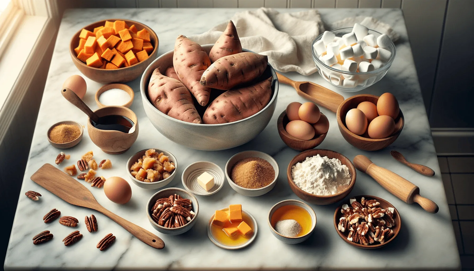 Ingredients for sweet potato casserole on a marble countertop