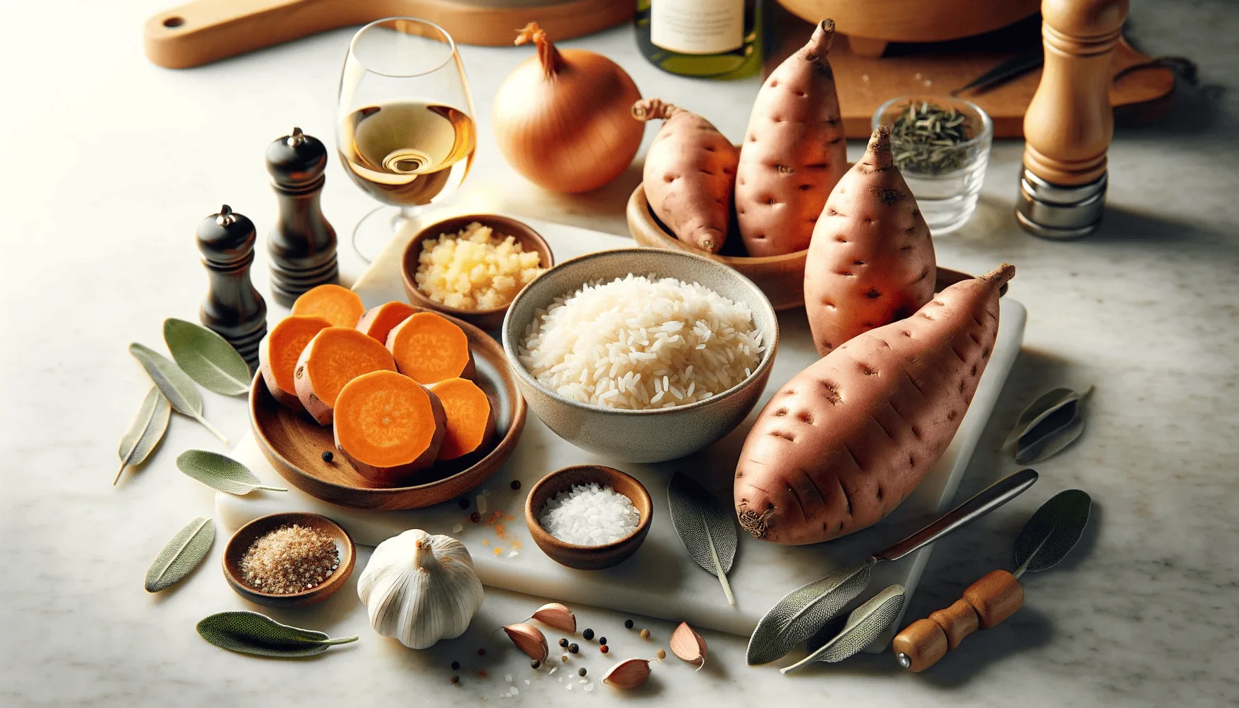 Ingredients for sweet potato risotto neatly arranged on a marble countertop
