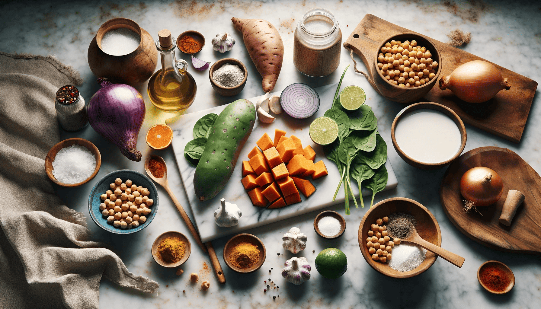 Ingredients for the curry arranged on a marble countertop