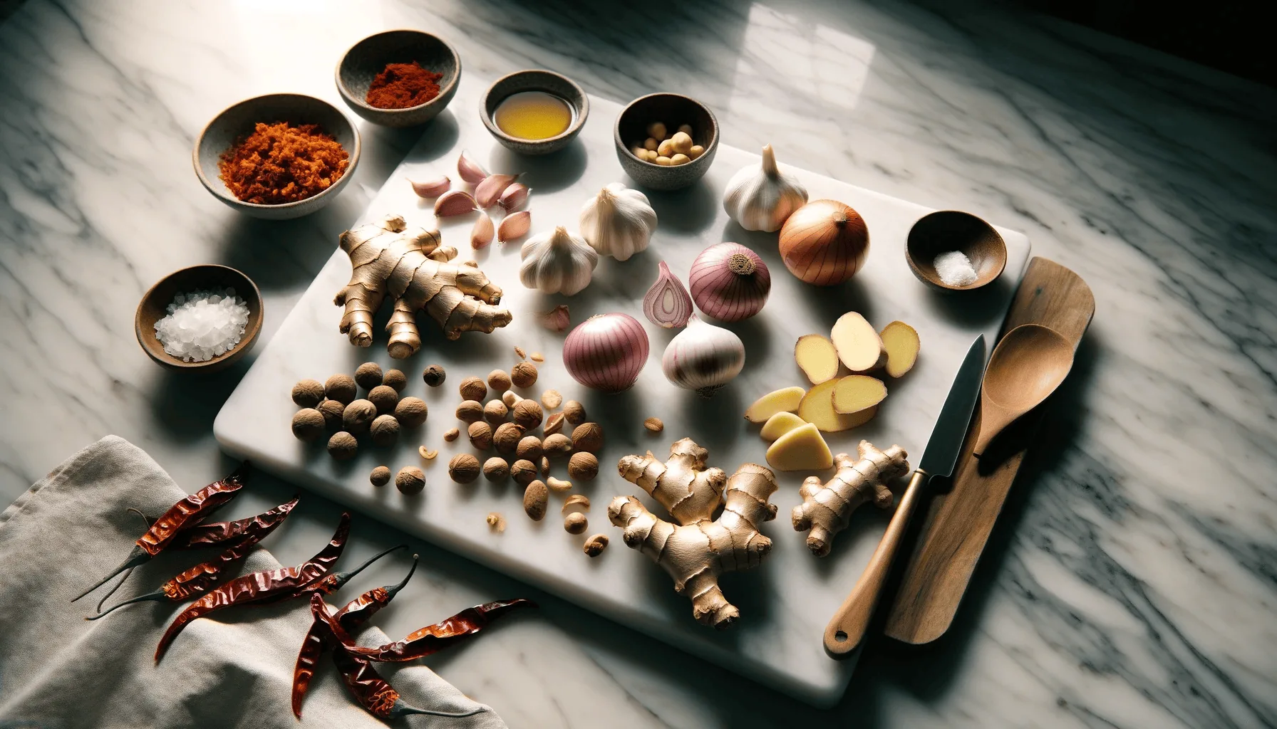 Onions, garlic, ginger, turmeric, nuts, and chilies are prepared for the recipe