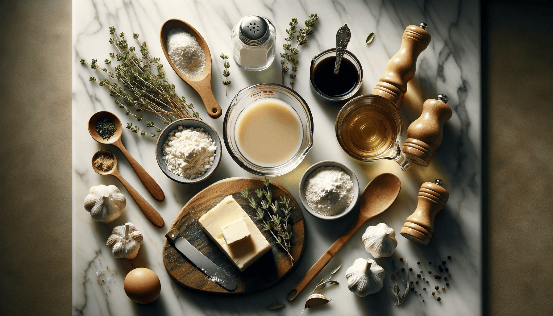 Ingredients for turkey gravy on a white marble countertop with wooden utensils