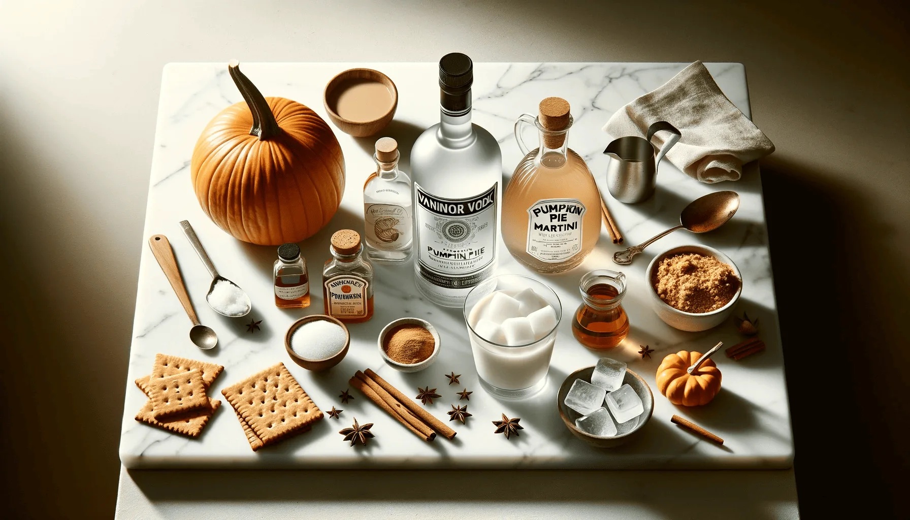 Ingredients, including including vanilla vodka, pumpkin puree, and spices, are neatly arranged