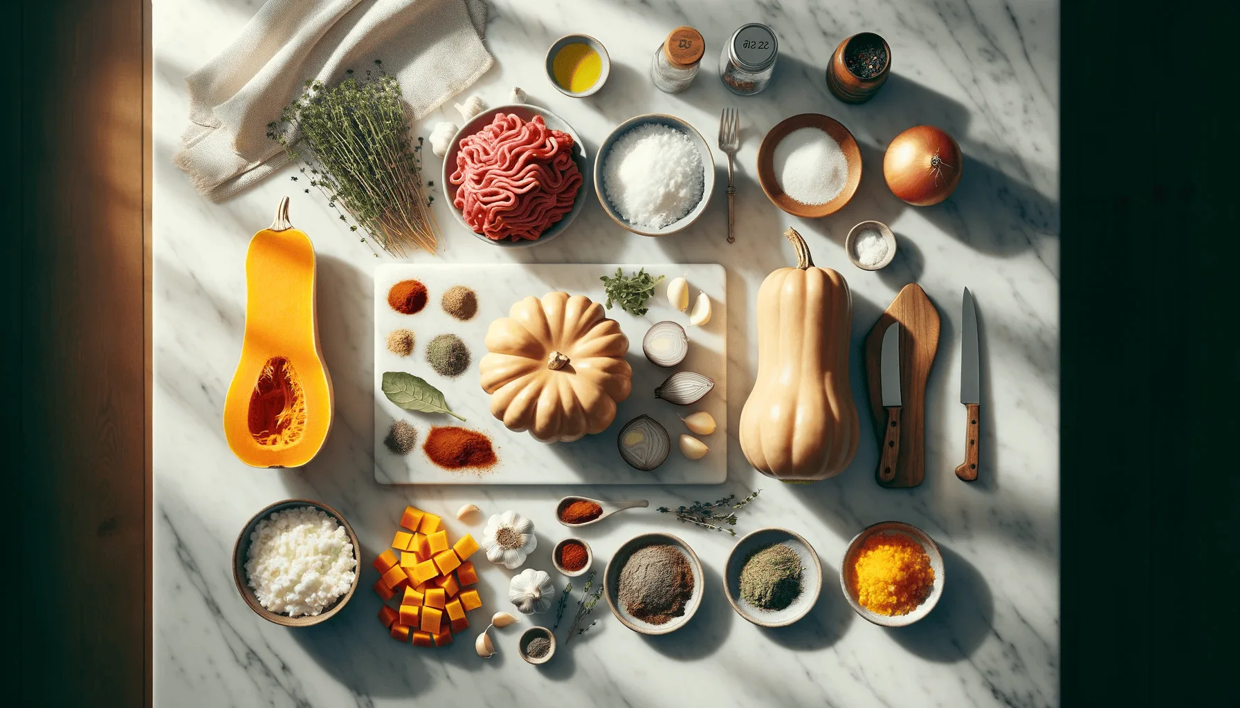 Ingredients laid out on a marble countertop