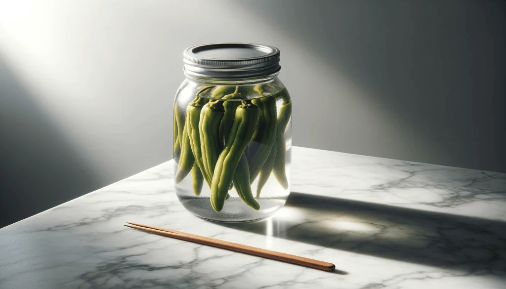 Jar of pepperoncini on marble with a wooden chopstick