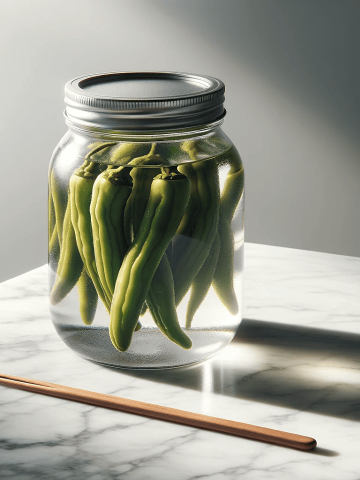 Jar of pepperoncini on marble with a wooden chopstick