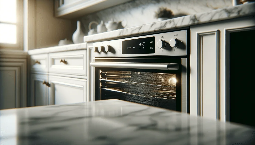 Kitchen oven on a marble countertop, set to 400°F, in a clean setting