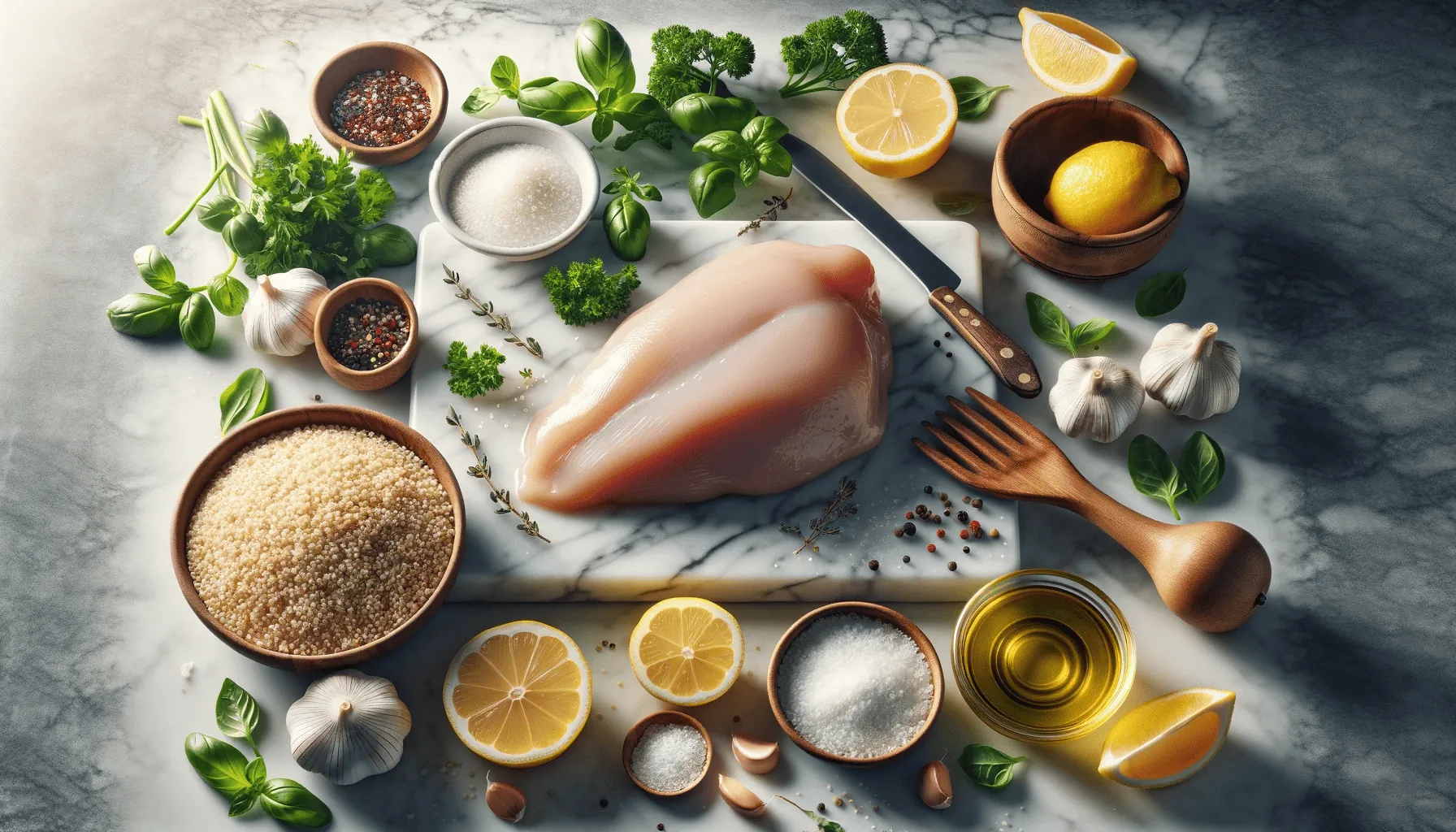 Ingredients for the recipe, including quinoa, chicken broth, lemons, olive oil, fresh herbs, and chicken breasts, are arranged