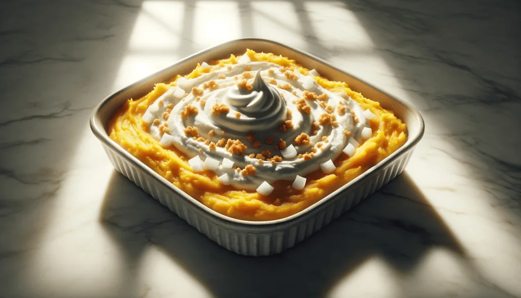 Mashed squash with onions and sour cream in a dish on a marble countertop