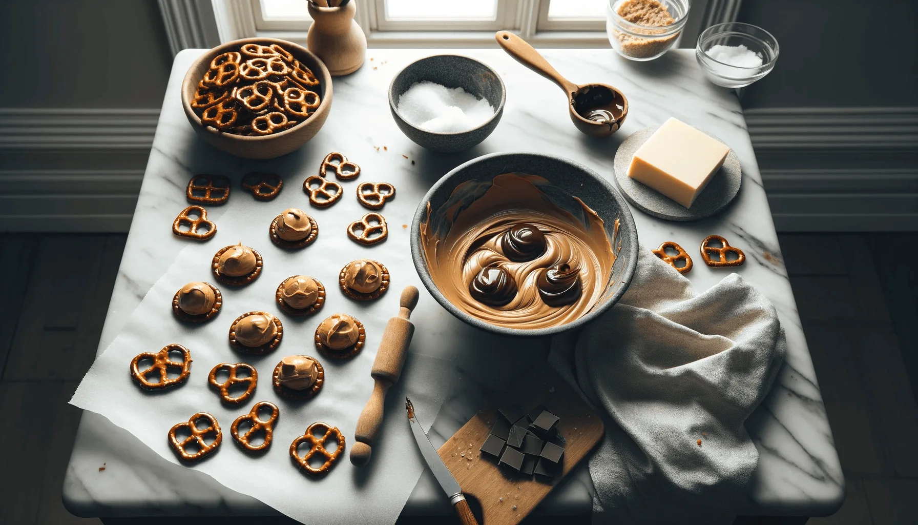 Mid-cooking scene with the peanut butter mixture and melting chocolate