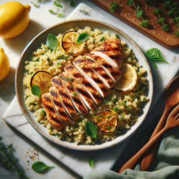 Lemon herb quinoa with grilled chicken, ready to serve