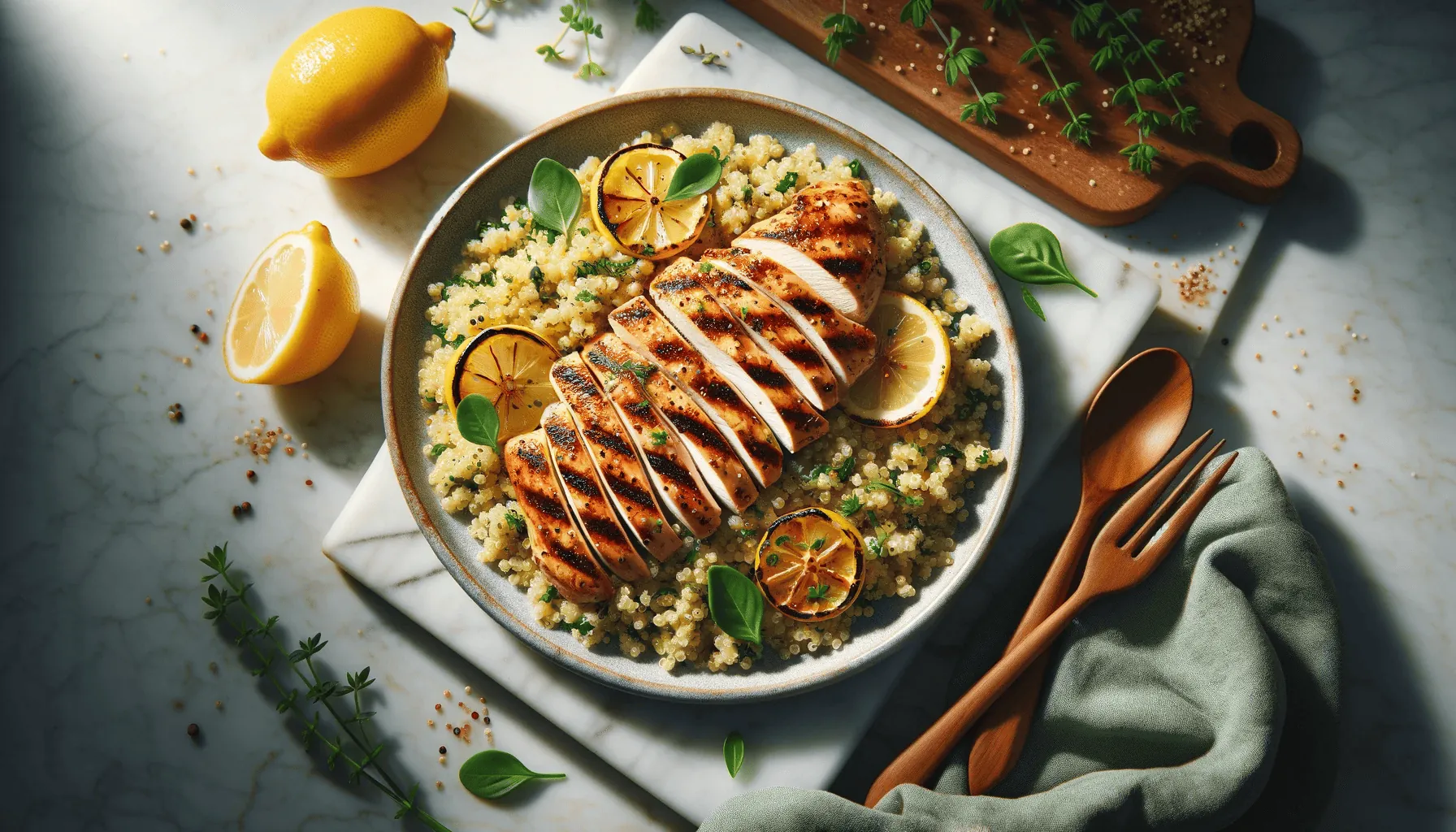 Lemon herb quinoa with grilled chicken, ready to serve