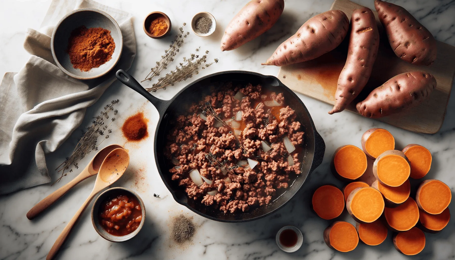 Mid-cooking scene with sweet potatoes and ground beef in progress