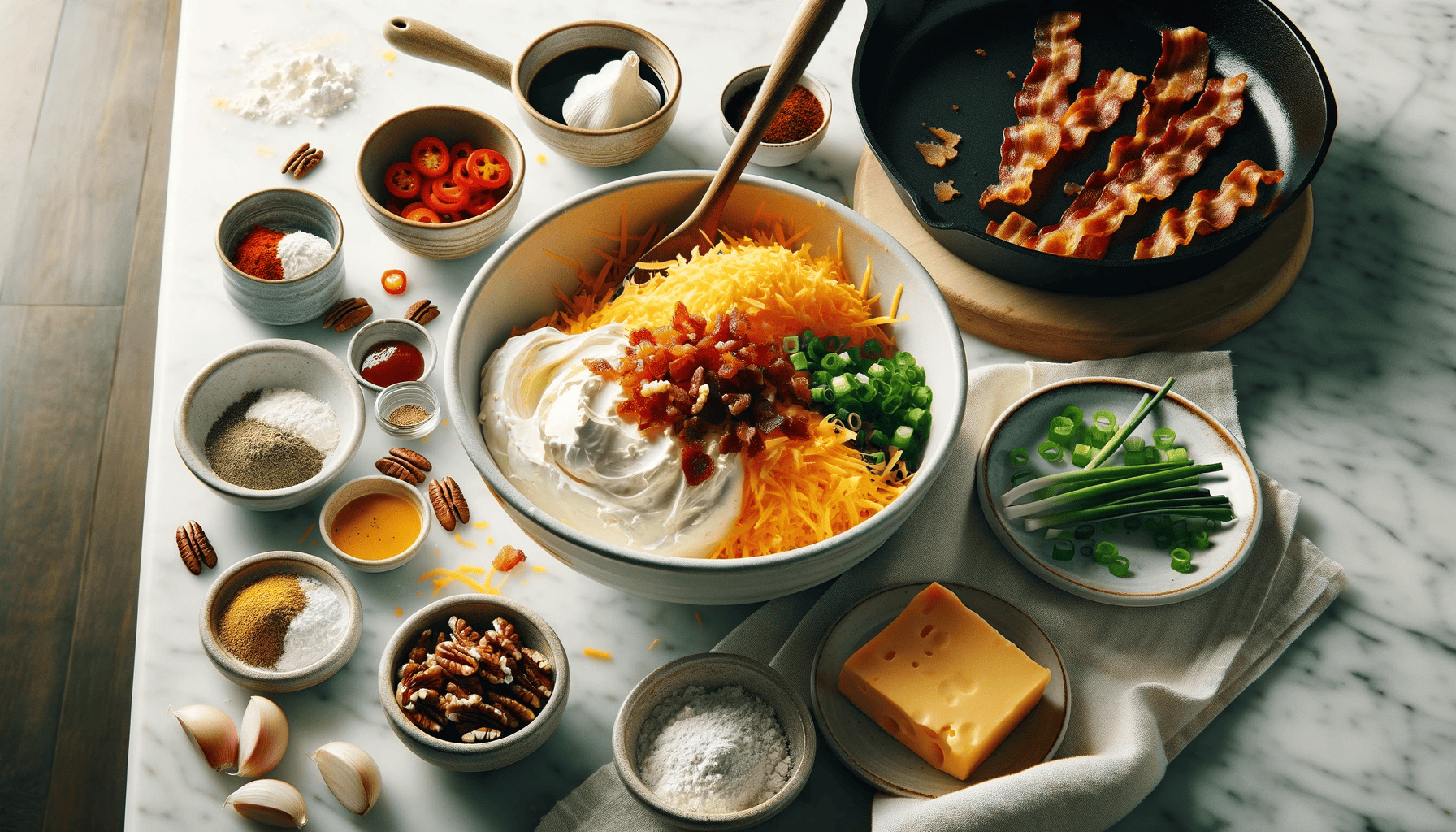 Mid-cooking scene with the cheese mixture and toasted pecans