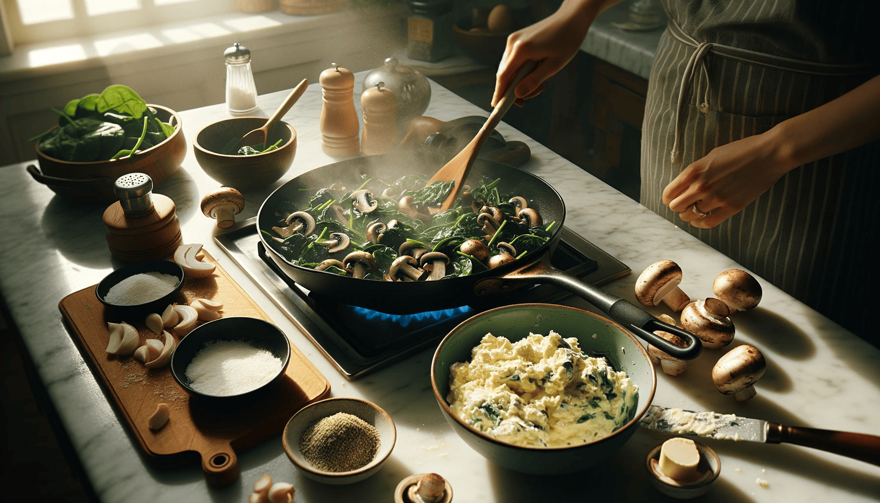 Mid-cooking scene, with the mushrooms being cooked in a pan