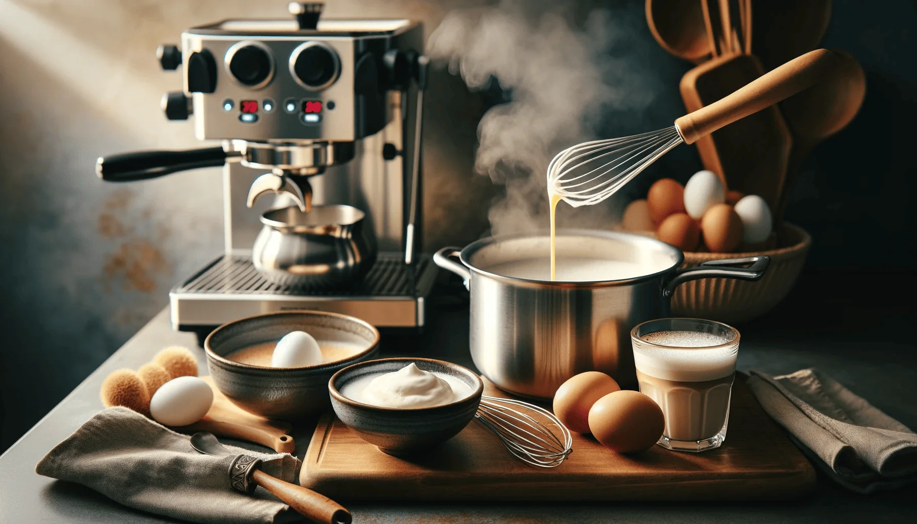 Midway cooking process of eggnog latte with saucepan on stove and espresso machine