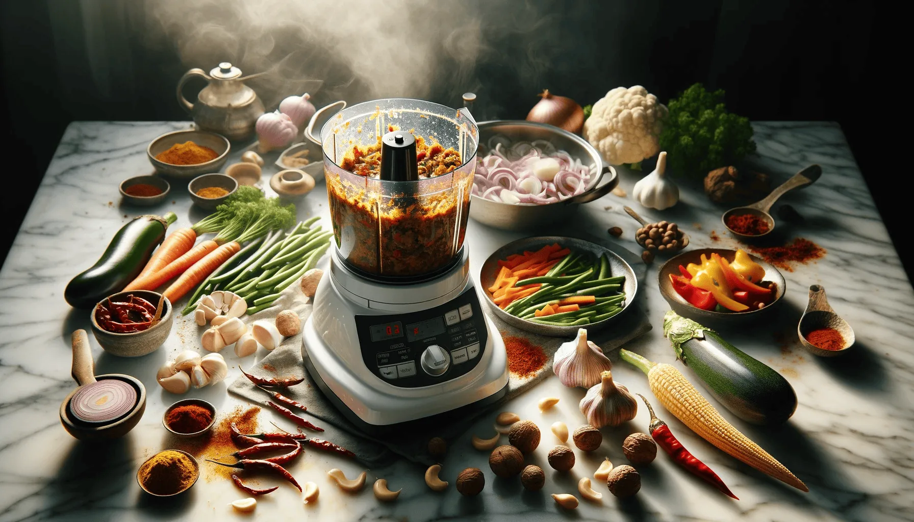 Midway cooking scene, with spices and vegetables being blended