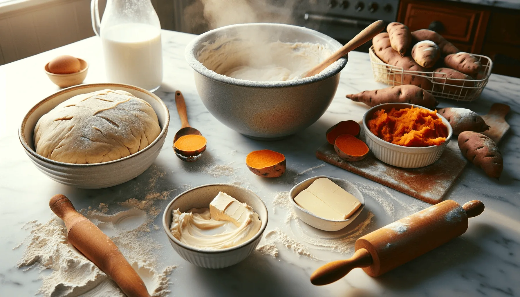 Midway point, with mixing bowl, dough, and baking tools on a marble countertop