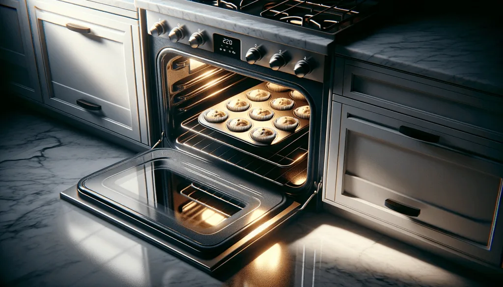 Muffin tins in the oven with the door slightly open
