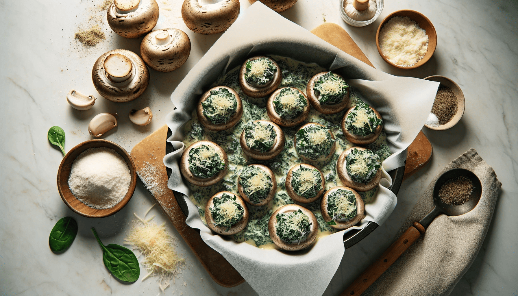 Mushroom caps and a creamy spinach mixture in progress