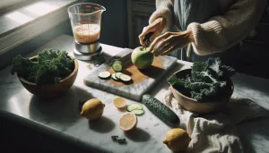 A person is slicing a green apple on a wooden cutting board, with ingredients like kale, cucumber, and lemons on a marble countertop, and a jug with a pinkish liquid beside them, indicating the preparation stages of a nutritious juice or tonic.