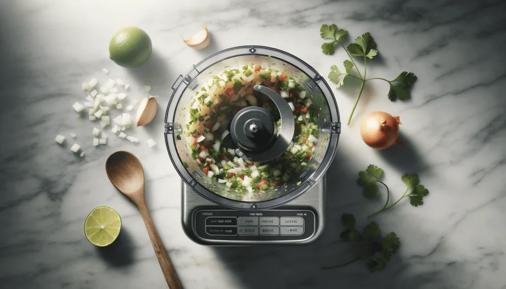 A food processor on a marble countertop filled with freshly chopped herbs, onions, and other vegetables, with a wooden spoon and whole lime to the side, indicating a step in preparing a meal or sauce.