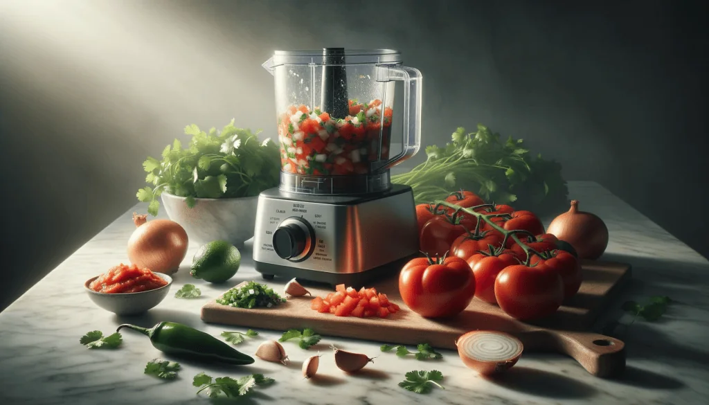  A blender on a kitchen counter surrounded by fresh ingredients, including a vine of ripe tomatoes, a bunch of green lettuce, chopped vegetables on a cutting board, a green chili, and garlic cloves, ready for making a fresh tomato-based recipe or salsa.