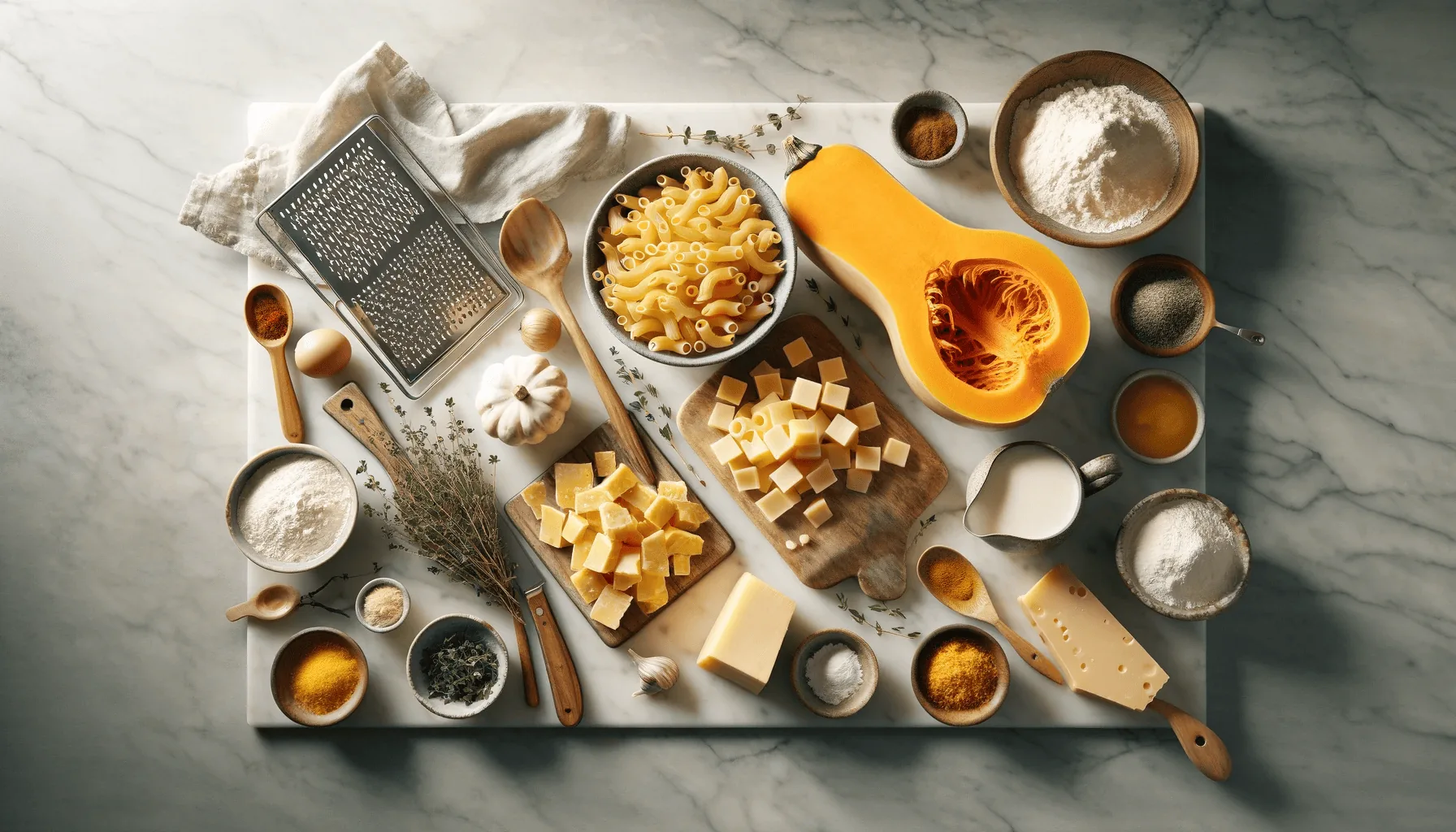 Raw ingredients on a marble countertop with wooden utensils