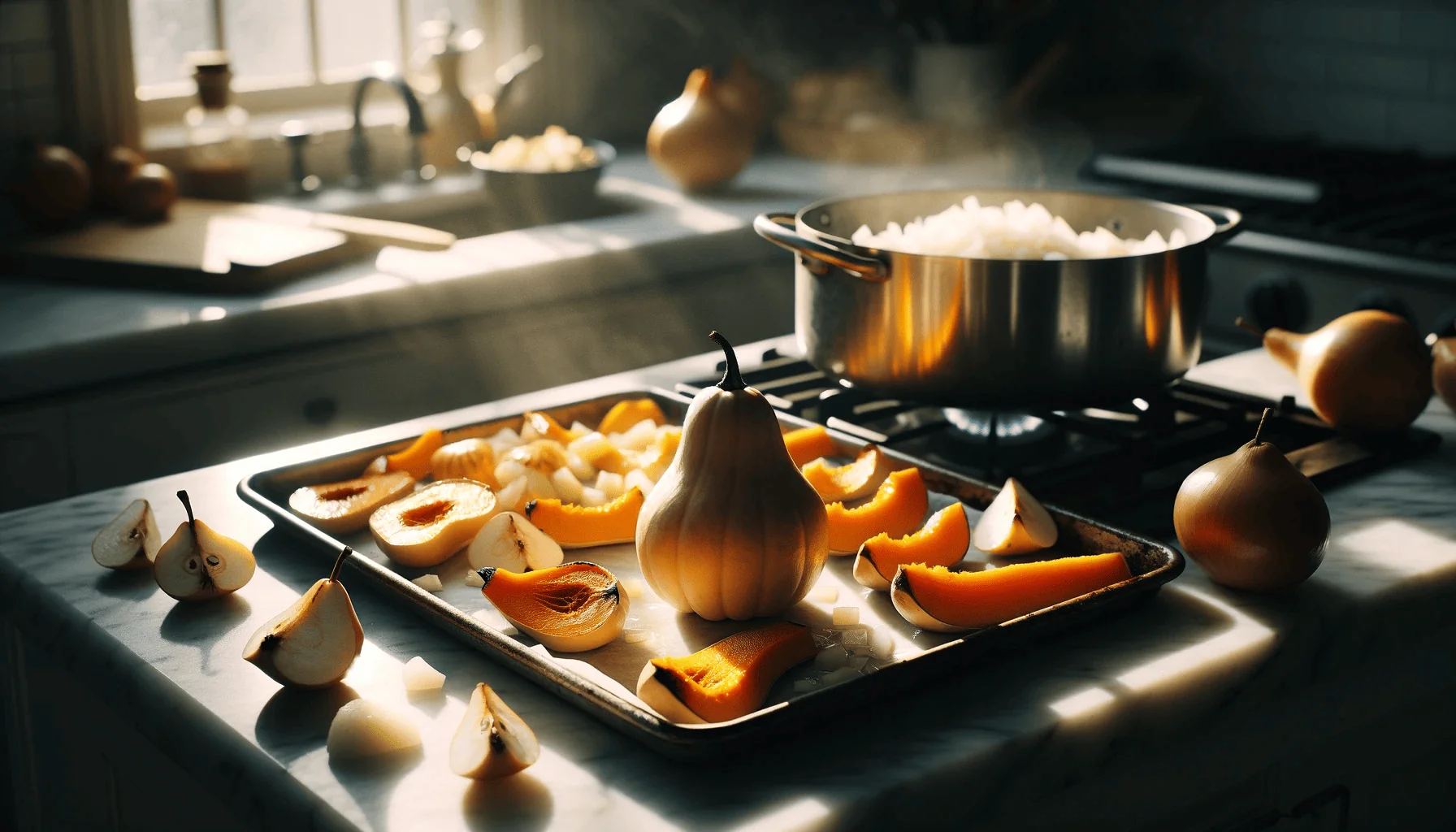 Roasted squash and pears with a pot of onions and garlic on a stove