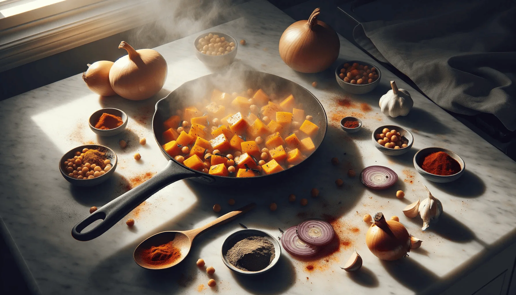 Skillet with steaming butternut squash and vegetables mid-cooking on a marble countertop