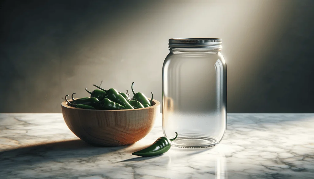 Sterilized quart jar and a bowl of slit pepperoncini ready for jarring on a marble countertop