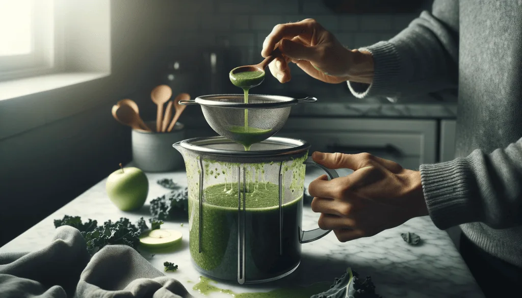 A person is using a small sieve to strain freshly blended green juice into a larger glass pitcher, with kale leaves, a kitchen towel, and a cut apple on the counter, highlighting a step in the process of making a strained, smooth green juice or tonic.