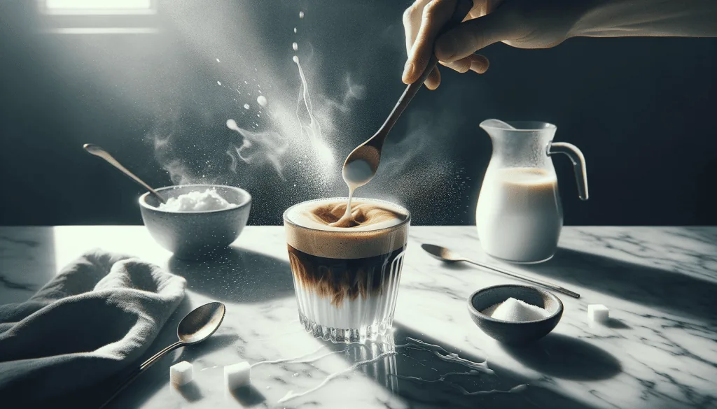 A hand is captured in the act of sprinkling a pinch of white sugar into a glass of macchiato coffee, causing a dynamic splash above the creamy layer. A jug of milk, a bowl of sugar, and a marble kitchen countertop scattered with coffee making accessories are visible.