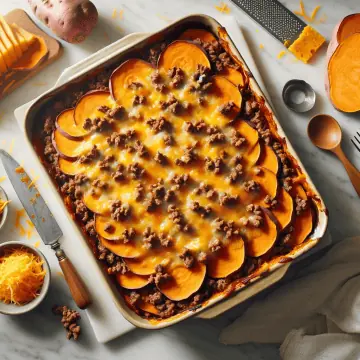 Sweet potato ground beef casserole, ready to serve