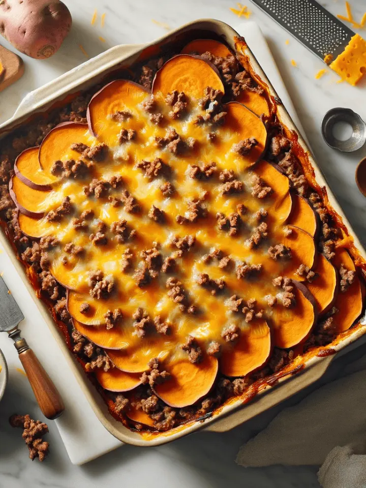 Sweet potato ground beef casserole, ready to serve