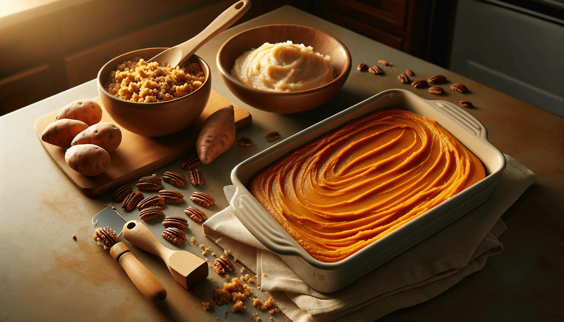 Sweet potato mixture in a baking dish with streusel beside it